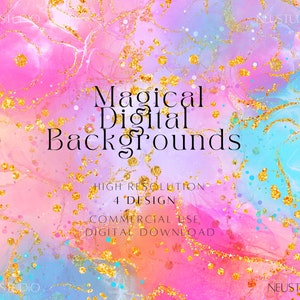 May include: Digital background design with a watercolor effect in shades of pink, blue, and gold. The text "Magical Digital Backgrounds" is displayed, along with "High Resolution", "4 Design", "Commercial Use", and "Digital Download".