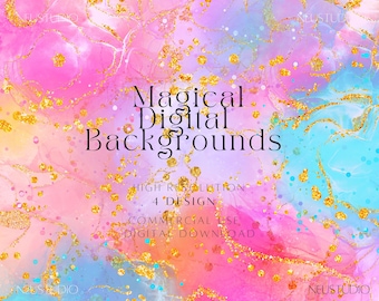 Rainbow Watercolor Digital Paper – Pastel Backgrounds with Gold Glitter, High Resolution