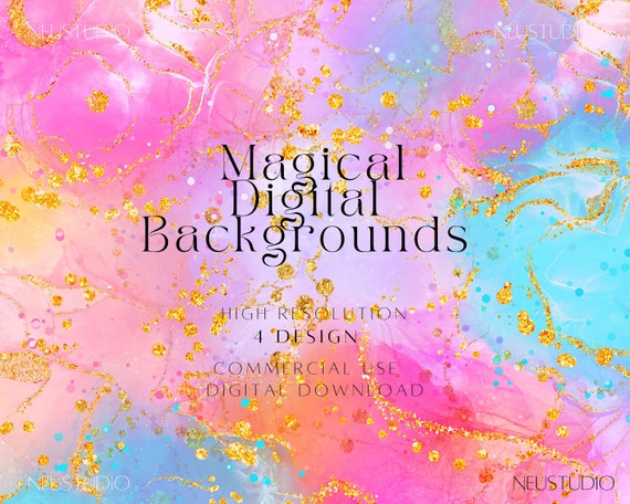 Rainbow Watercolor Digital Paper – Pastel Backgrounds with Gold Glitter, High Resolution