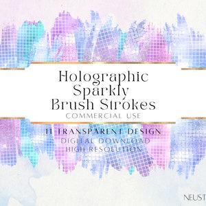 Könnte beinhalten: Digitales Design von holografischen, funkelnden Pinselstrichen mit Aquarellhintergrund. Das Design zeigt einen weißen rechteckigen Bereich mit goldenen Linien und dem Text "Holographic Sparkly Brush Strokes COMMERCIAL USE 11 TRANSPARENT DESIGN DIGITAL DOWNLOAD HIGH RESOLUTION".