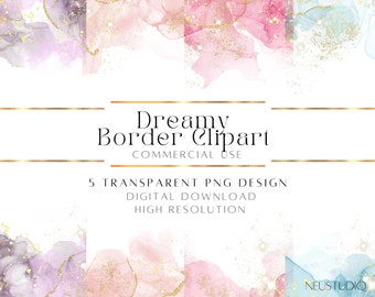 Gold Glitter Border Overlay PNG, Watercolor Frame Borders, Transparent Sparkle Clipart for Invitations, Cards