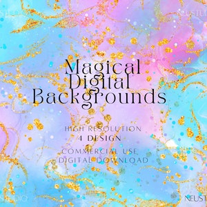 May include: A digital background design with a watercolor effect in shades of blue, pink, and gold. The image features the text "Magical Digital Backgrounds" and other details, including "High Resolution" and "Commercial Use". The design has a dreamy, ethereal quality.