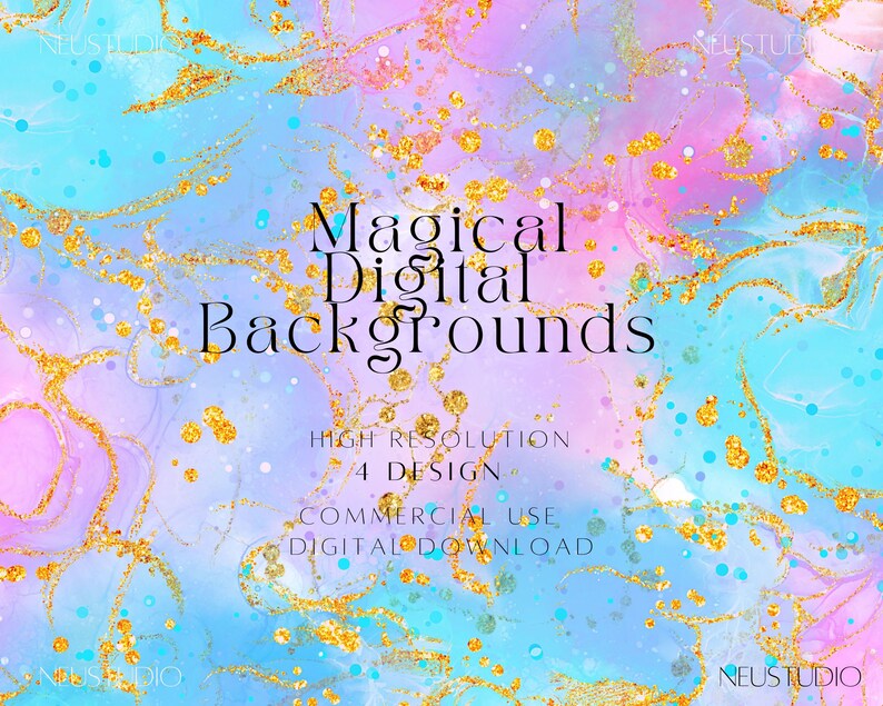 May include: A digital background design with a watercolor effect in shades of blue, pink, and gold. The image features the text "Magical Digital Backgrounds" and other details, including "High Resolution" and "Commercial Use". The design has a dreamy, ethereal quality.