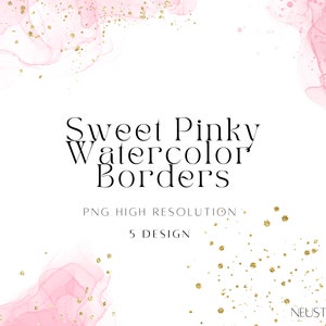 Watercolor Borders – 4 Pink & Gold PNG Frames, Elegant Alcohol Ink Overlays