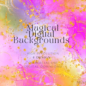 May include: A digital background design with a watercolor effect. The design features a blend of pink, purple, yellow, and gold colors. The text "Magical Digital Backgrounds" is displayed in the center, with additional text below indicating the design is high resolution and for commercial use.