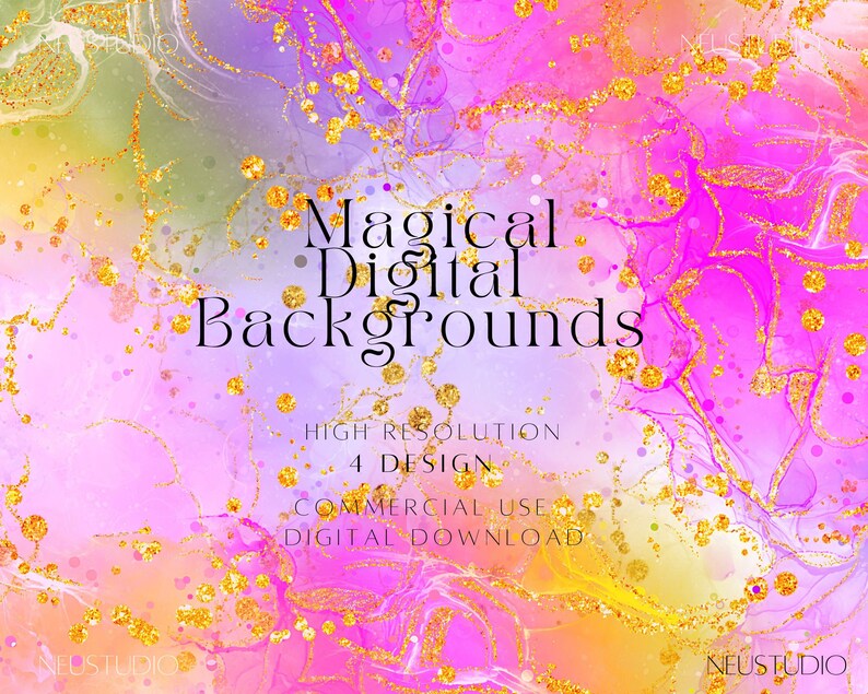 May include: A digital background design with a watercolor effect. The design features a blend of pink, purple, yellow, and gold colors. The text "Magical Digital Backgrounds" is displayed in the center, with additional text below indicating the design is high resolution and for commercial use.