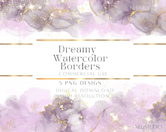 Watercolor Border Frames PNG Background, Watercolor Glitter Borders, Transparent Clipart for Invitations