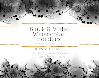 Black White Watercolor Borders – Abstract Alcohol Ink PNG Frames