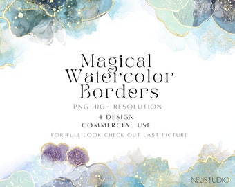Glitter Gold Watercolor Borders Clipart, Alcohol Ink PNG (Digital Download)