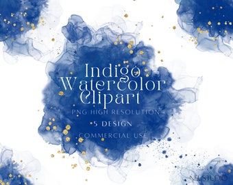 Indigo Alcohol Ink Border Clipart, Gold Foil Watercolor Frame (Digital Download)
