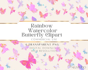 Watercolor Butterfly Clipart: Rainbow Iridescent PNG (Digital Download)