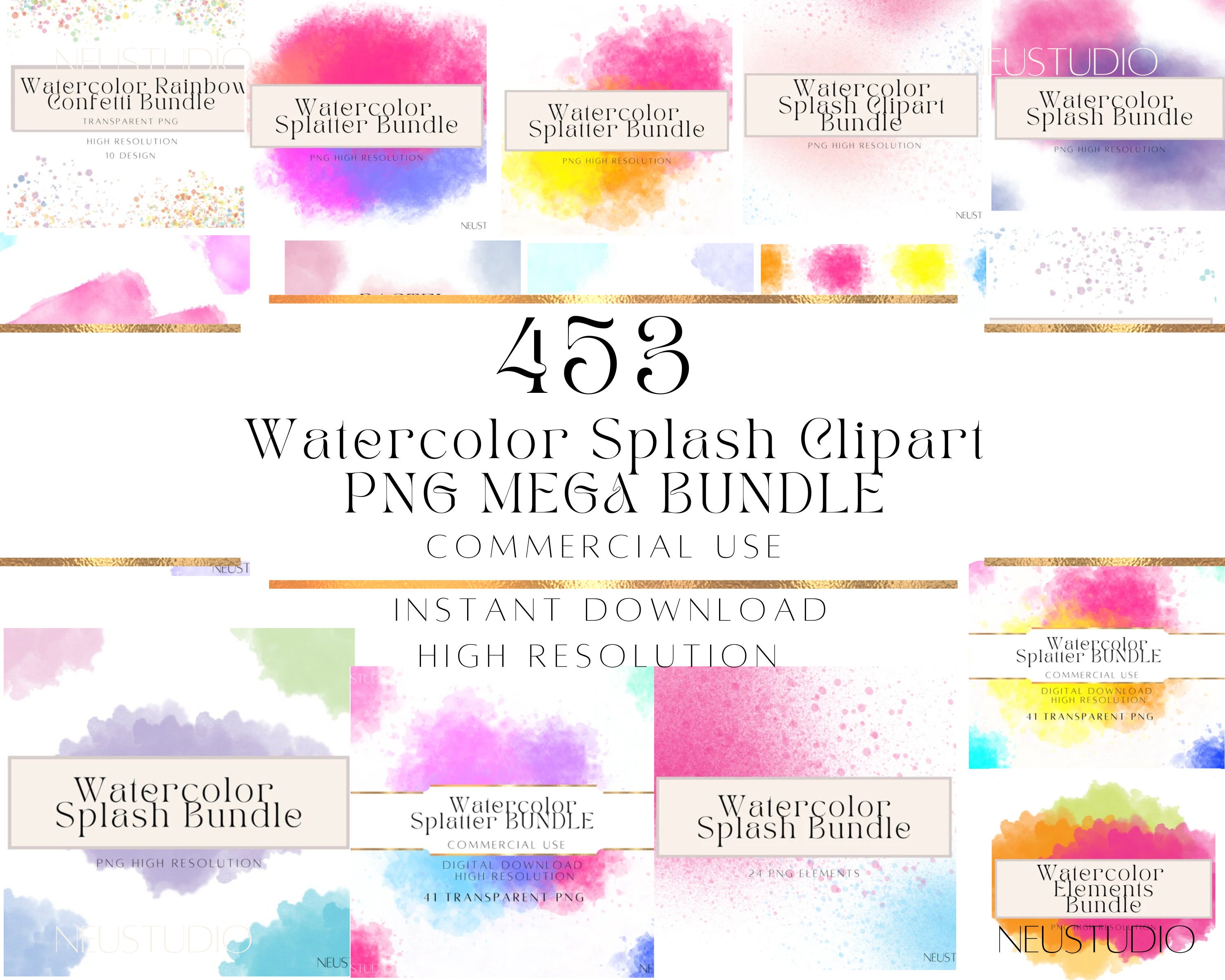 Watercolor Splashes Clipart MEGA Bundle: Transparent PNG (Instant Download)