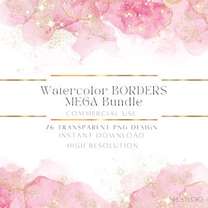 Glitter Watercolor Borders PNG Bundle | Watercolor Frame Clipart for Canva, Scrapbook, Invitations Commercial Use Watercolor Edges Sparkle