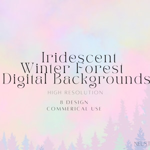 Holografischer Himmel Hintergrund mit Weihnachtsbäumen, irisierender Winter Hintergrund, Weihnachten Digital Papier mit blauem und lila Himmel