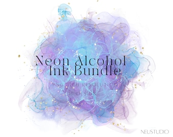 Abstract Alcohol Ink PNG Clipart Bundle, Colorful Ink Splashes, Transparent Elements