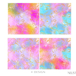 May include: Four abstract designs featuring a watercolor effect with vibrant colors including pink, blue, yellow, and gold. The designs have a fluid, marbled appearance with gold accents and speckles. The text "4 DESIGN" and "NEUSTUDIO" are at the bottom.