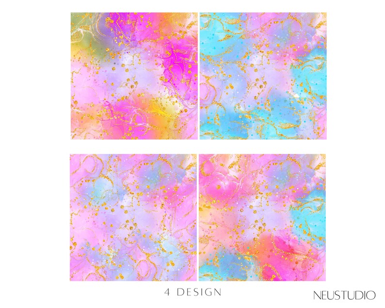 May include: Four abstract designs featuring a watercolor effect with vibrant colors including pink, blue, yellow, and gold. The designs have a fluid, marbled appearance with gold accents and speckles. The text "4 DESIGN" and "NEUSTUDIO" are at the bottom.