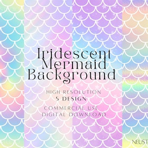 Pastel Mermaid Scales Digital Paper, Holographic Rainbow Background, Kawaii Iridescent Scrapbook, Birthday Party Printable