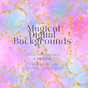 May include: A digital background design with a watercolor effect in shades of pink, purple, and blue, accented with gold glitter. The text "Magical Digital Backgrounds" is displayed, along with details about the design and commercial use.