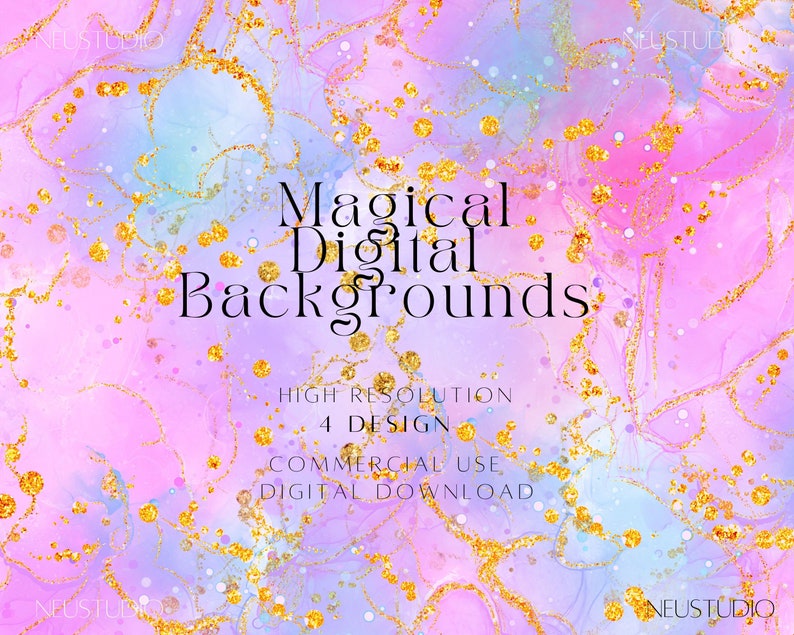 May include: A digital background design with a watercolor effect in shades of pink, purple, and blue, accented with gold glitter. The text "Magical Digital Backgrounds" is displayed, along with details about the design and commercial use.