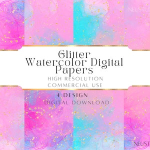 Purple Pink Blue Watercolour Backgrounds with Gold Glitters in JPEG Files Format, Abstract Alcohol Ink Backgrounds, Instant Download