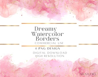 Watercolor Borders PNG Frames Clipart, Pink Blue Purple Green with Gold Glitter