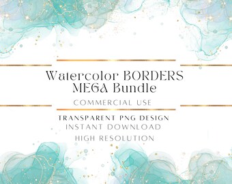 Abstract Watercolor Borders PNG BUNDLE, Glitter Alcohol Ink Frame Clipart for Canva, Weddings, Planners Commercial Use, High Res Digital