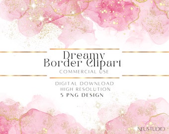 Pastel Watercolor Borders, Alcohol Ink Glitter Border Frames PNG, Transparent Background Clipart for Cards