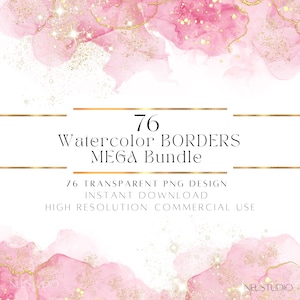76 Glitter Watercolor Borders – Alcohol Ink PNG Clipart Frames for Invitations & Design