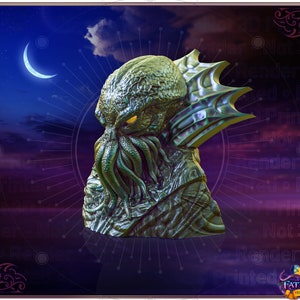 May include: A green and gold 3D printed bust of a creature with tentacles and a crown. The creature has glowing yellow eyes and a menacing expression.