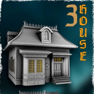 Può includere: Un modello grigio di una casa con la scritta "3D HOUSE" in arancione. La casa presenta un tetto dettagliato, finestre con luce gialla e una porta d'ingresso. Il numero "25" è visibile sopra la porta.