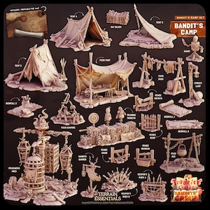 Peut inclure: Ensemble de pièces de terrain miniatures pour jeux de société, comprenant des tentes, des bottes de foin, un feu de joie et une zone de prisonniers. L'ensemble est intitulé "Bandit's Camp" et comprend une carte PDF imprimable. Les pièces sont beiges.