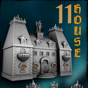 Puede incluir: Una detallada casa en miniatura gris con un tejado alto, múltiples ventanas y una estatua de ángel en la parte superior. El número "11" y la palabra "HOUSE" se muestran en naranja. La casa tiene una fachada detallada y un pequeño balcón.