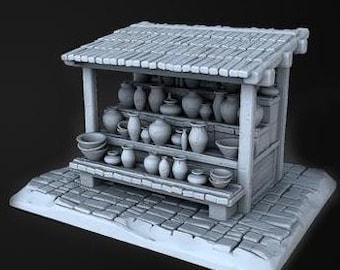 May include: A wooden market stall with a thatched roof displays a variety of pottery items, including bowls, vases, and jars.