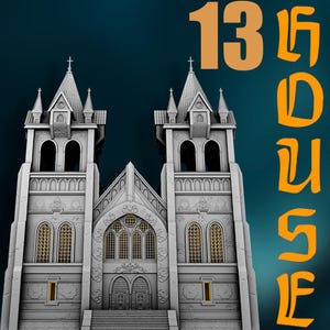 Può includere: Rappresentazione architettonica dettagliata di una cattedrale con due torri, con finestre ad arco e intagli ornati. L'immagine include il testo "13 GODS" in arancione, su uno sfondo verde acqua scuro. La cattedrale ha un aspetto in pietra grigia.