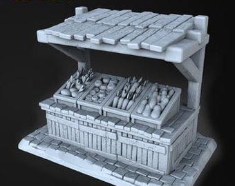 May include: A wooden market stall with a roof and three crates filled with vegetables. The crates contain carrots, potatoes, and onions.