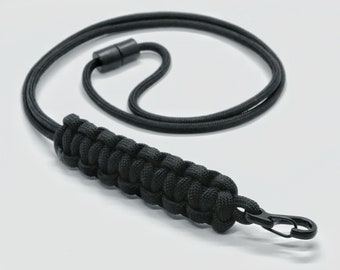 All Black Lanyard - Handmade Rope Cobra Weave - Breakaway Snap Clip Id Holder - Carabiner - Dog Whistle Lanyards - Key Holder Keyring