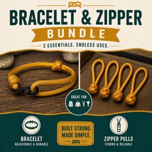 Può includere: Viene mostrato un set di braccialetto e tiretti per cerniera. Il braccialetto giallo ha una chiusura nera. Sono mostrati anche quattro tiretti per cerniera gialli. Il testo recita "BRACELET & ZIPPER BUNDLE" e "2 ESSENTIALS. ENDLESS USES."
