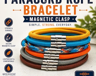 May include: Stack of colorful paracord rope bracelets with magnetic clasps. The bracelets are in various colors, including yellow, blue, orange, gray, and brown. The text on the image reads "PARACORD ROPE BRACELET" and "MAGNETIC CLASP". The bracelets are described as strong, durable, and water-resistant.