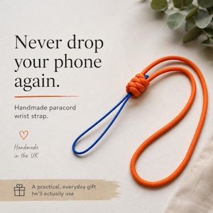 以下が含まれることがあります： オレンジとブルーのパラコードリストストラップ。イギリス製の手作りで、「Never drop your phone again」の文字が入っています。携帯電話の落下を防ぐように設計されています。「A practical, everyday gift he'll actually use」の文字も含まれています。