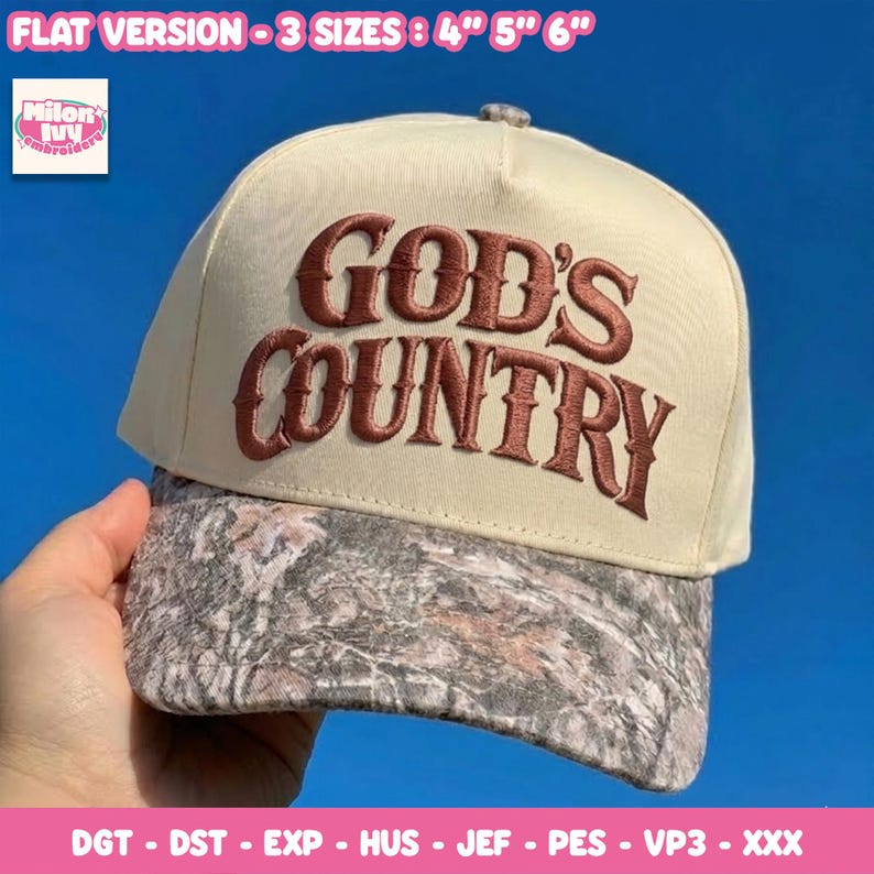 May include: A beige baseball cap with a camouflage patterned brim and the brown embroidered text GOD'S COUNTRY on the front. The image includes text indicating a flat version is available in 4 inch, 5 inch, and 6 inch sizes, plus file formats.