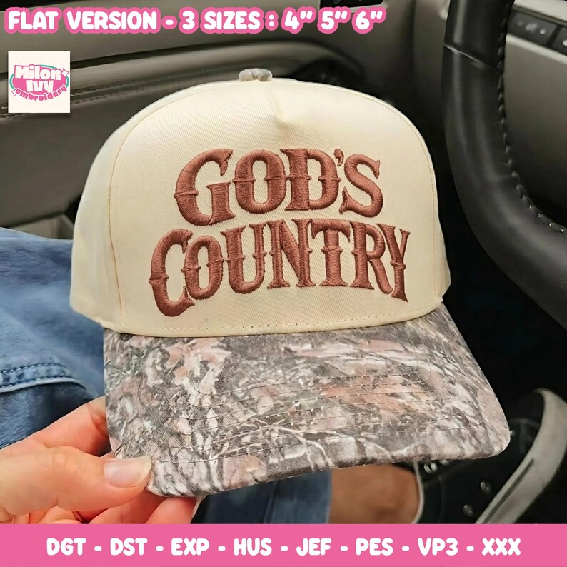 May include: A cream-colored baseball cap with a brown embroidered text reading GOD'S COUNTRY on the front panel. The brim features a camouflage pattern. The image includes text stating FLAT VERSION - 3 SIZES : 4" 5" 6" and file formats.