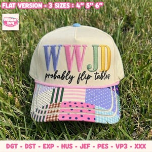 May include: A cream-colored baseball cap featuring the embroidered text WWJD in purple, pink, green, and yellow, with the black text probably flip tables underneath. The brim displays a colorful patchwork pattern of stripes, dots, and gingham.
