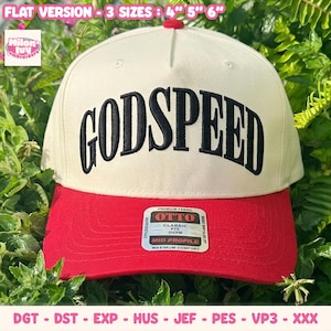 May include: A cream-colored baseball cap with a red brim and the word GODSPEED embroidered in black across the front. A sticker on the brim reads OTTO PREMIUM FABRIC CLASSIC FIT MID PROFILE MAXIMUM COMFORT. Text at the top reads FLAT VERSION - 3 SIZES : 4" 5" 6".