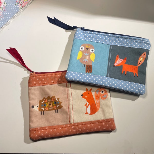 Cute padded makeup bag or pencil case zipper pouch Woodland Animals