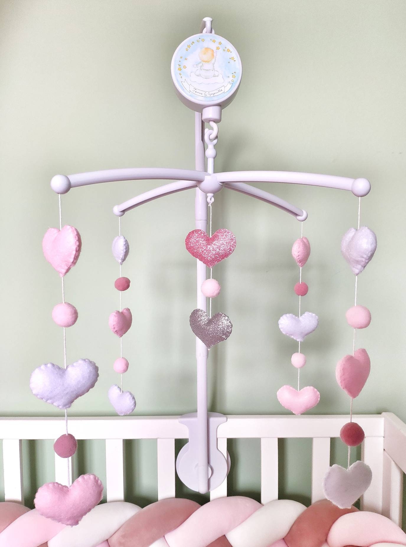 Mobile Musical Pour Bébé Thème Cœurs Pailletés