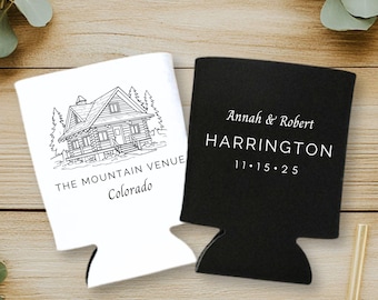 Custom Venue Illustration Can Coolers - Personalized Wedding Favors
