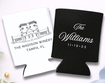 Venue Illustration Can Cooler, Slim & Regular Custom Cozies, Wedding Reception