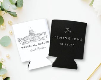 Custom Venue Can Holder – Illustrated Wedding Favor, Personalized Drink Sleeve