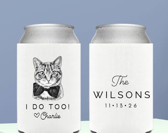 Custom Pet Illustration Wedding Can Coolers, Personalized Wedding Favor